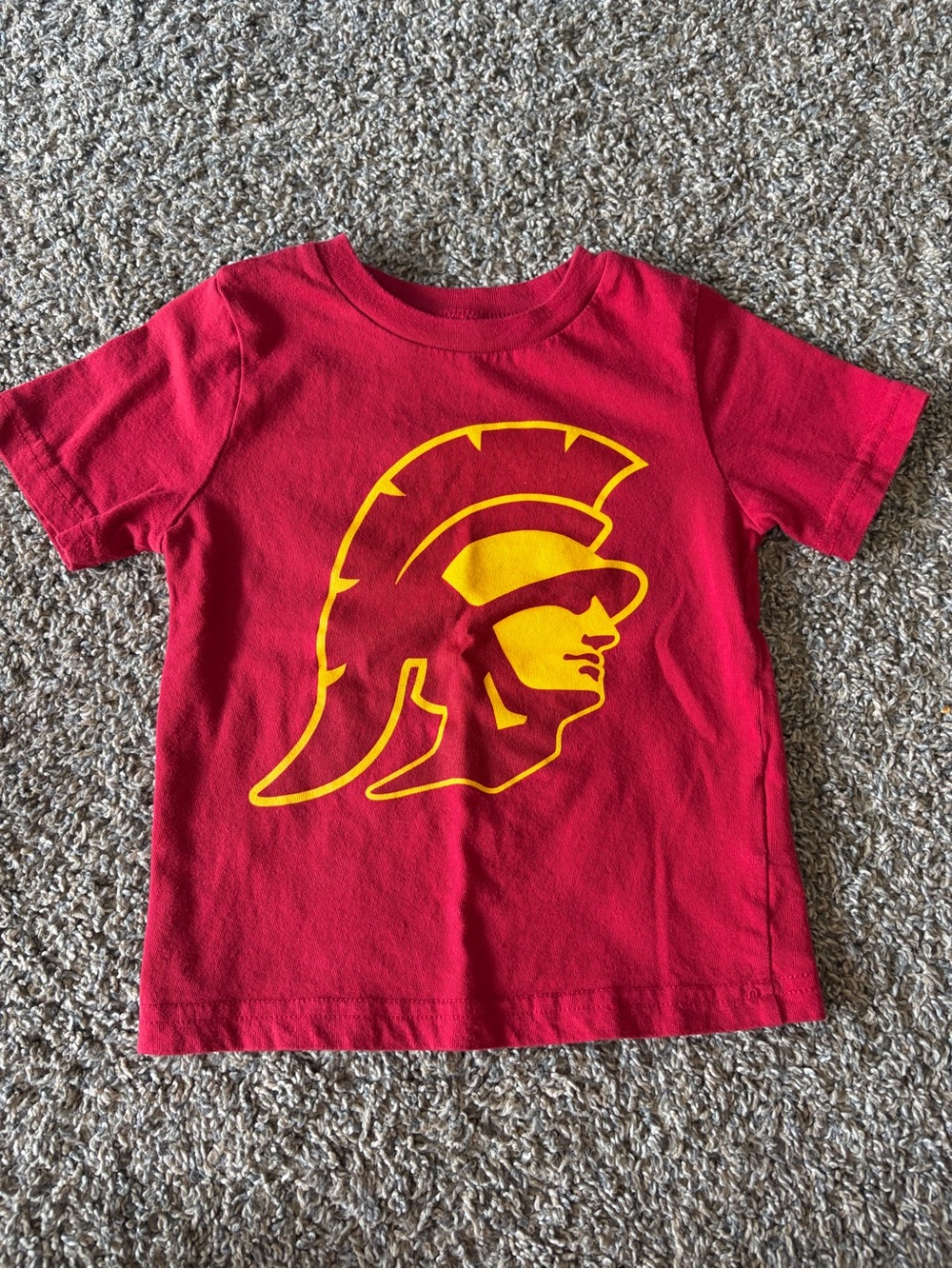 Kids Short Sleeve Red Tee with Yellow Trojan Helmet Graphic
